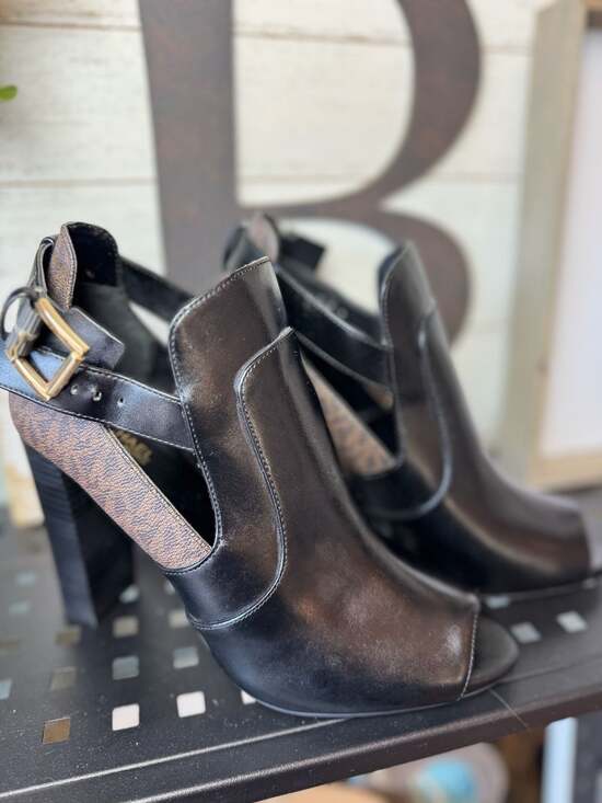 Michael Kors Shoes - Michael Kors Lawson Logo and Leather Open-Toe Bootie